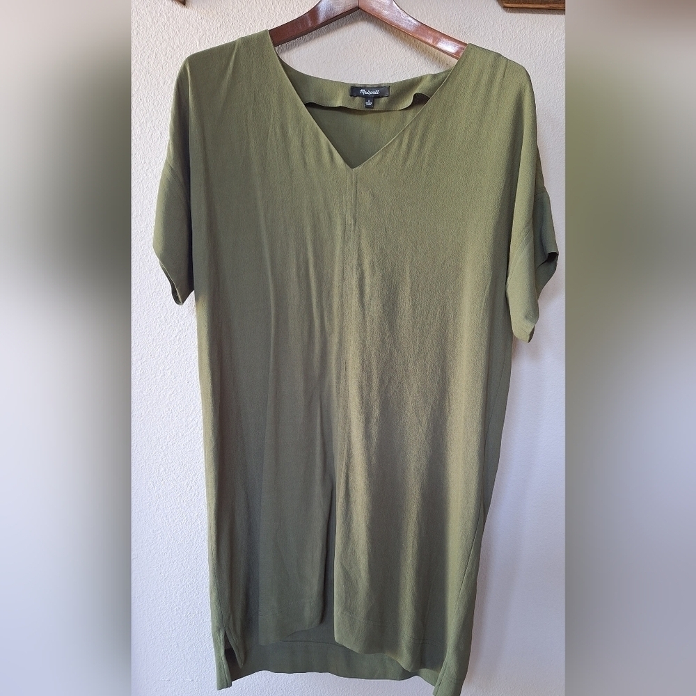 Madewell Womens Olive Tunic Shift Dress V-neckline Short Sleeves Size S